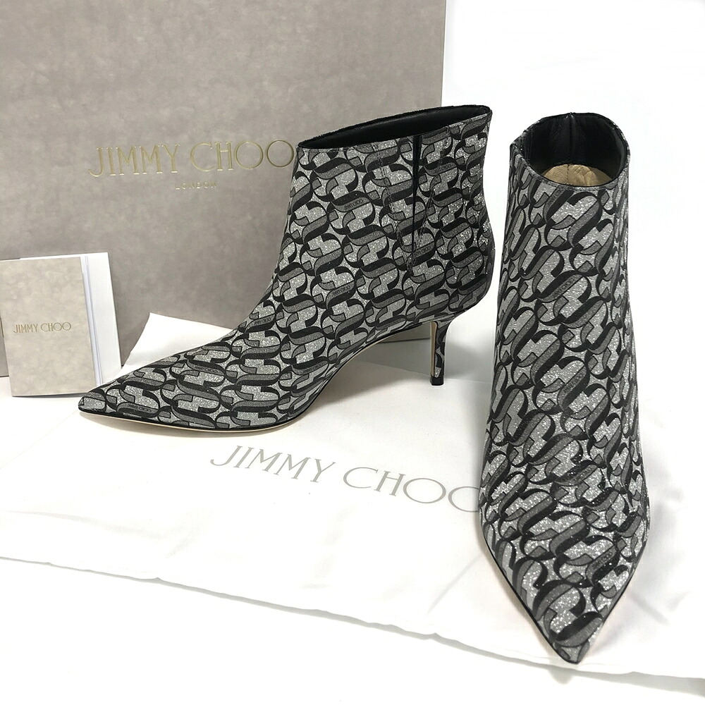 Jimmy Choo【新品未当て嵌める】ジミーチュウ 遊撃手ブーツ MARINDA65 JC グリッター しろがね色 キトゥンヒール ブーツ 【中古】かんてい局亀有店