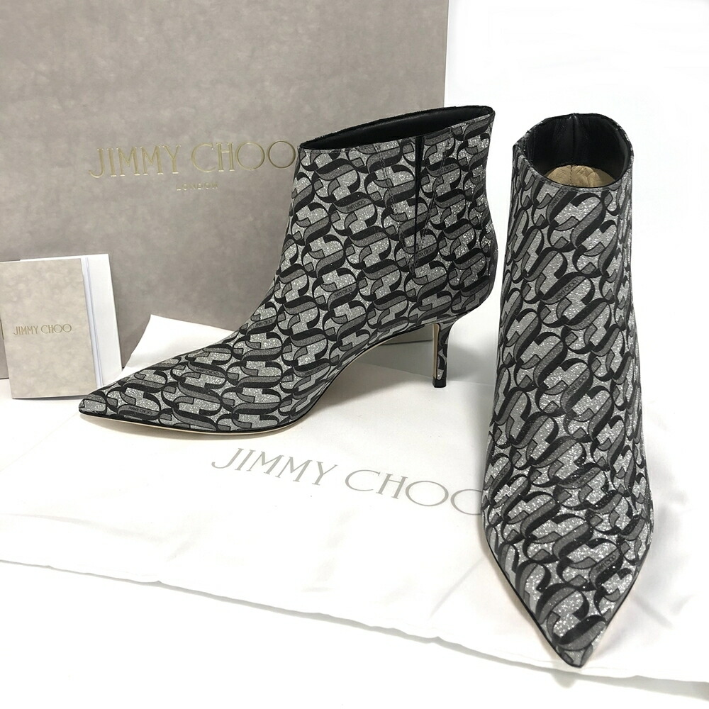 【新古品】Jimmy Choo【ジミーチュウ】ショートブーティ MARINDA65 大きさ36 23珊 モノグラム グリッター しろがね色 キトゥンヒール  イタリア製 193MARINDA 65.RJC 4979
