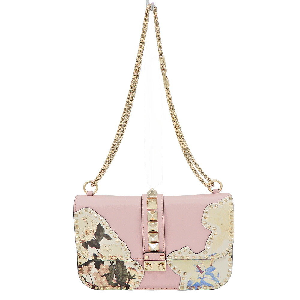 VALENTINO GARAVANI【ヴァレンティノ ガラヴァーニ】 ロックスタッズ チェーン ショルダー レザー ピンク マルチカラー レディース 【中古】 【松戸店】