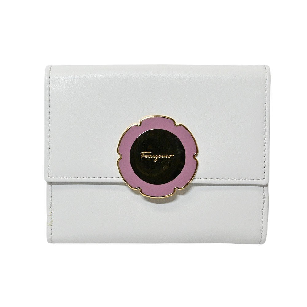 FERRAGAMO【フェラガモ】コンパクトウォレット　財布　フラワー　ピンク&times;ホワイト　レディース【中古】【松戸】｜かんてい局伯楽三軒茶屋店　松戸店 8,100円