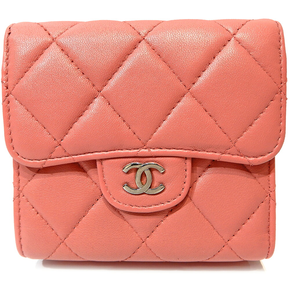CHANEL【シャネル】コンパクトウォレット マトラッセ サクラ色 カーフスキン ココマーク レディース 【中古】