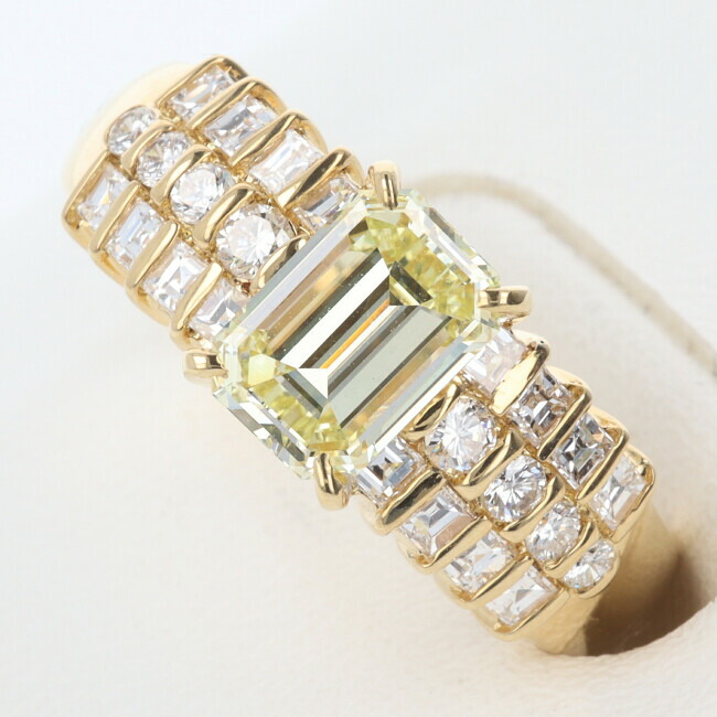 ■K18YG ダイヤモンドリング D1.442ct/D0.610ct 約5.6g/約14号 イエローゴールド 750 指輪 レディース 女性 ギフト プレゼント 贈り物 記念日 エメラルドカット【中古】h｜質屋かんてい局つくば　店