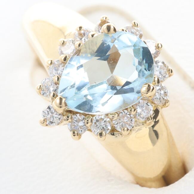 ■K18YG アクアマリン付きダイヤモンドリング AQ1.02ct/D0.28ct 約3.8g/約11.5号 ドロップ ゴージャス ギフト プレゼント【中古】ｔ土浦