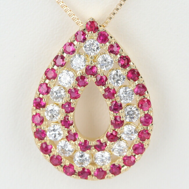 【ソーティング】K18　ルビー・ダイヤモンド付ネックレス　D0.38ct　R0.45ct　約45cm/約2.7g　18金　レディース　ペアシェイプ　雫モチーフ　h【中古】土浦◆