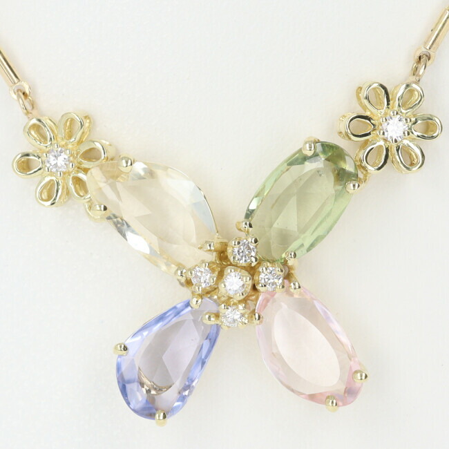 ■【非加熱】K18YG　ダイヤモンド・サファイア付ネックレス　S4.40ct　D0.12ct　約6.1g/約48cm　フラワー　花　【中古】h