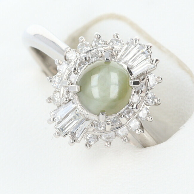 【ソーティング】Pt900　クリソベリルキャッツアイ・ダイヤモンド付リング D0.39ct　C0.79ct　約4.6g/約12号　プラチナ　指輪　レディース　女性【中古】h◆