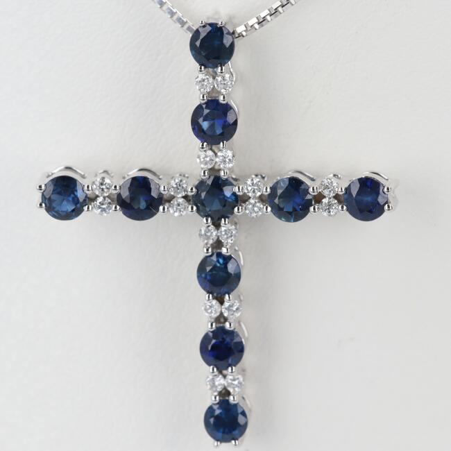 【ソーティング】K18WG サファイア付きダイヤモンドネックレス S1.20ct/D0.16ct 約45cm/約4.9g クロスモチーフ/十字架 アジャスター付 ホワイトゴールド ギフト 贈り物 ジュエリー 貴金属 プレゼント レディース/女性【中古】h土浦◆|質屋かんてい局つくば 店
