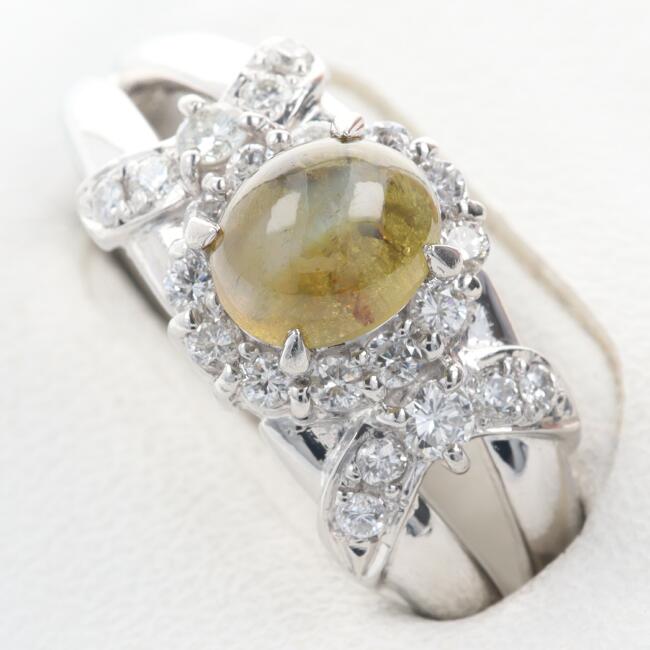 【ソーティング】PT900 クリソベリルキャッツアイ・ダイヤモンドリング CC1.38ct/D0.33ct/約14.5号/約7.4g 指輪 プラチナ/platinum シャトヤンシー 女性/レディース ギフト プレゼント 贈り物 お祝い【中古】h