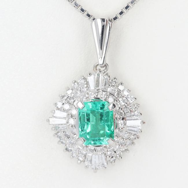 PT900/850 エメラルド・ダイヤモンド付ネックレス E0.80ct/D0.60ct 約7.1g/約40cm プラチナ/platinum レディース ギフト プレゼント 贈り物 お祝い【中古】h