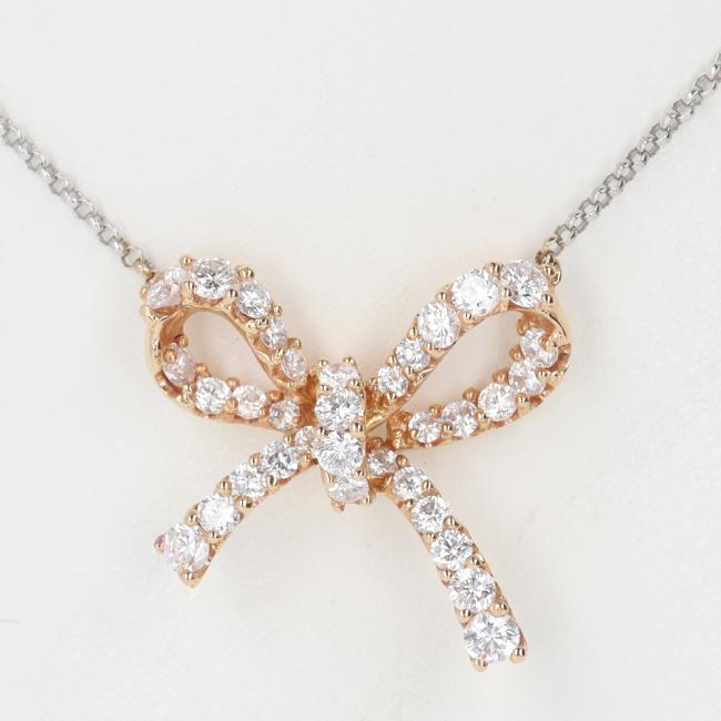 K18/D0.95ct ダイヤモンドリボンネックレス 約40cm/約4.2g PG/ピンクゴールド WG/ホワイトゴールド コンビ/バイカラー 豪華 ギフト プレゼント 贈り物 お祝い【中古】k|質屋かんてい局つくば 店