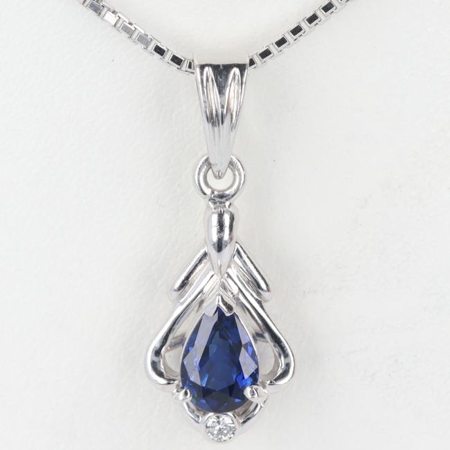 PT900/850 サファイア・ダイヤモンドネックレス S0.50ct/D0.02ct 約40cm/約4.9g ティアドロップ/雫 ペアシェイプ ブルーサファイアプラチナ/platinum 女性 レディース ギフト プレゼント 贈り物 お祝い【中古】h