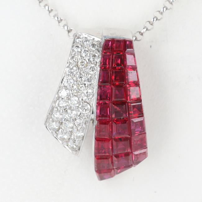 K18WG ルビー・ダイヤモンドネックレス R1.90ct/D0.12ct 約4.0g/約45cm ホワイトゴールド パヴェ ダイア 豪華 ネックレス 可愛い レディース/女性 ギフト プレゼント 贈り物【中古】h 67,375円