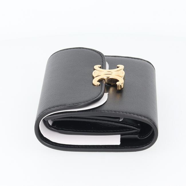 セリーヌ【CELINE】10D783DPV.38NOスモールフラップウォレットトリオンフシャイニーカーフスキン三つ折りブラック/黒ゴールド金具ブランドレディース/女性仕事ギフトプレゼントお祝い【中古】h