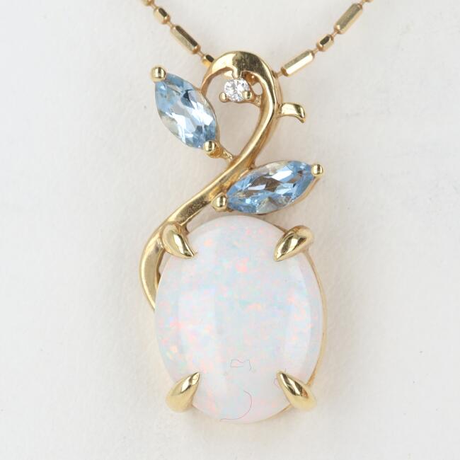 K18YG オパール・アクアマリン・ダイヤモンドネックレス OP1.55ct/D0.009ct/A0.18ct 約60.5cm/約4.2g イエローゴールド オパール 遊色 ホワイトオパール レディース/女性 ギフト プレゼント 贈り物【中古】h|質屋かんてい局つくば 店