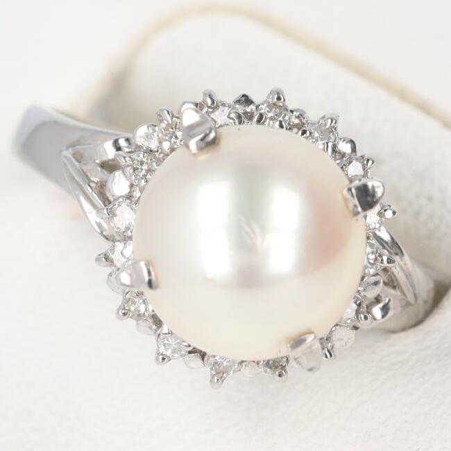 PT900 パール・ダイヤモンドリング D0.15ct 約6.1g/約12号 約9.0mm玉 platinum/プラチナ 真珠 指輪 レディース 女性 ギフト プレゼント 贈り物 ブランドジュエリー【中古】h