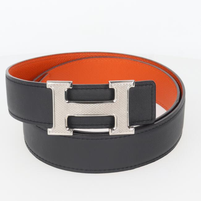エルメス【Hermes】 Hギヨシェ ベルト 85サイズ □R刻印 リバーシブル ベルト ブラック×オレンジ レザー ブランド シルバー金具 ファッション ギフト プレゼント メンズ/男性 レディース/女性【中古】h