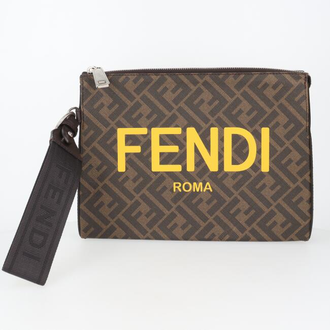 フェンディ【FENDI】7VA564 ロゴ ズッカ柄 クラッチバッグ ブラウン×イエロー リストレット レザー ブランド プレゼント ギフト レディース/女性 メンズ/男性【中古】h