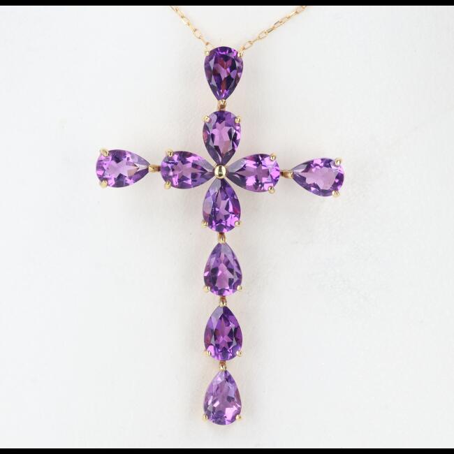 K18YG アメジスト付ネックレス A3.80ct 約40cm/約3.0g クロスモチーフ/十字架 パープル/紫 イエローゴールド ジュエリー ゴージャス ギフト プレゼント レディース/女性 【中古】h|質屋かんてい局つくば 店