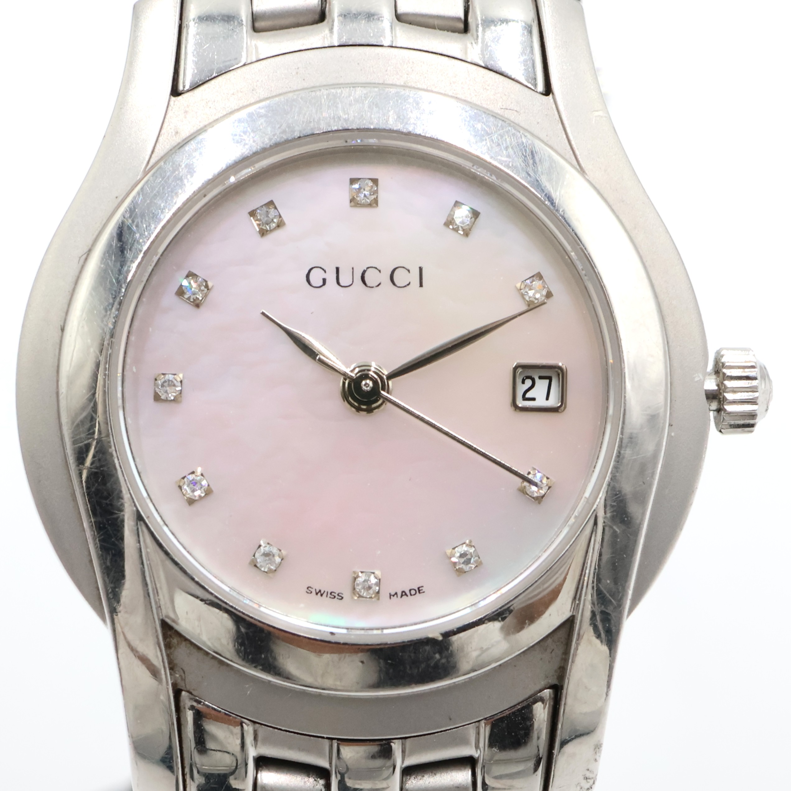 グッチ【GUCCI】5500L ピンクシェル クオーツ デイト 腕時計 レディース/女性 人気 シェル文字盤 SS/ステンレススチール ギフト プレゼント 贈り物 お祝い【中古】s 土浦｜質屋かんてい局つくば　店