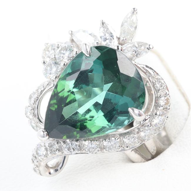 【ソーティング】PT900 グリーントルマリン・ダイヤモンド付リング GTL4.78ct/D0.25ct/D0.40ct 約10.1g/約13号 グリーン platinum/プラチナ レディース/女性 ギフト プレゼント ジュエリー 指輪【中古】h◆｜質屋かんてい局つくば　店