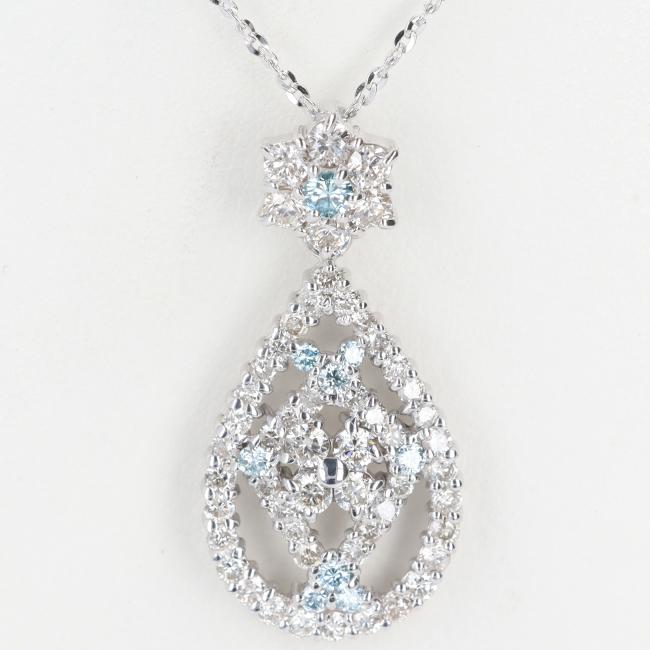 K18WG ダイヤモンドデザインネックレス D1.00ct 約45cm/約3.7g ソーティング付 フラワー しずく ホワイトゴールド カラーダイヤ ブルー 豪華 ギフト プレゼント 贈り物 お祝い【中古】h｜質屋かんてい局つくば　店