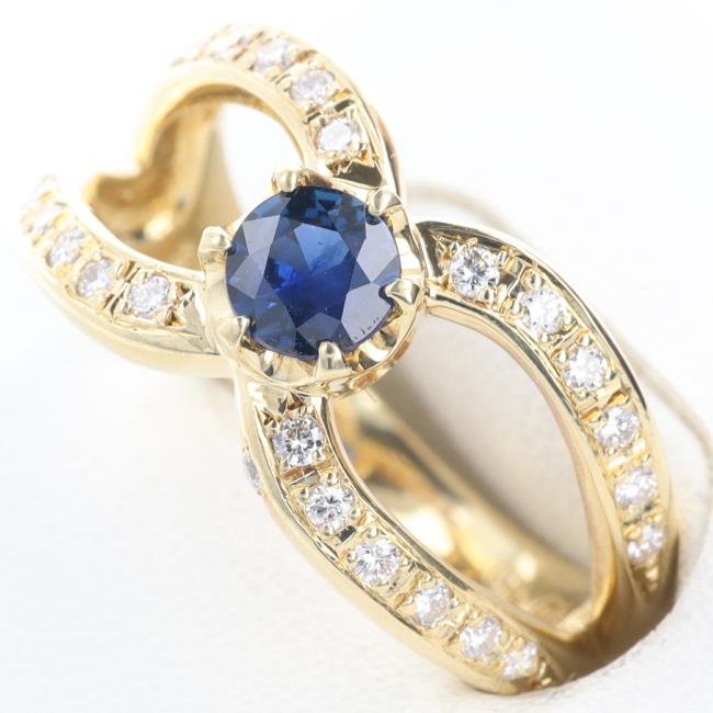 ★K18YG ダイヤモンド・サファイアリング S0.48ct/D0.25ct 約5.6g/約13.5号 イエローゴールド サファイア クロス モチーフ 指輪 レディース/女性【中古】ｔ土浦