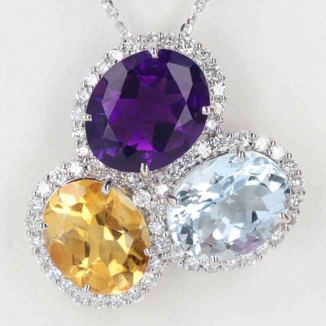 K18WG マルチストーン付ダイヤモンドネックレス AQ2.77ct/A2.72ct/C2.15ct/D0.707ct 約45cm/約8.0g ソーティング付 天然アクアマリン アメジスト シトリン ホワイトゴールド ブルー　イエロー　オレンジ パープル 豪華 ギフト プレゼント【中古】ｔ