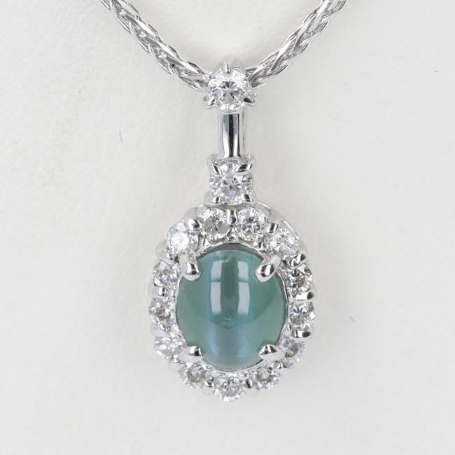 K18WG アレキサンドライトキャッツアイ・ダイヤモンドネックレス AX0.71ct/D0.28ct 約4.2g/約45cm クリソベリル カラーチェンジ ブルーグリーン プラチナ platinum 女性/レディース ゴージャス 豪華 ギフト プレゼント 贈り物 お祝い【中古】t｜質屋かんてい局つくば　店