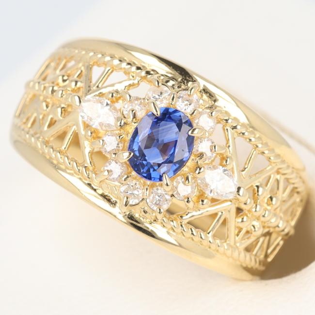 【ソーティング】K18YG サファイア付ダイヤモンドリング S0.45ct/D0.25ct 約5.7g/約12号 透かしデザイン サファイア イエローゴールド ギフト プレゼント 贈り物 ゴージャス【中古】h◆｜質屋かんてい局つくば　店