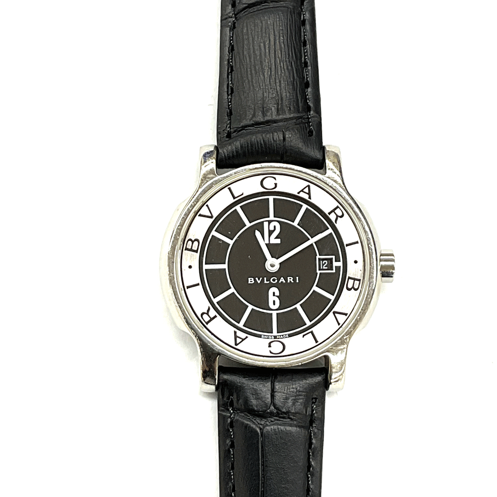 N【中古】【BVLGARI】ブルガリ　ソロテンポ　クォーツ時計　ST29S　ステンレス　シルバーカラー×ブラック文字盤　ブラックレザー社外ベルト　デイト表示　ブランド時計　レディース時計　3か月保証 質屋かんてい局那須塩原店★31000212-19n