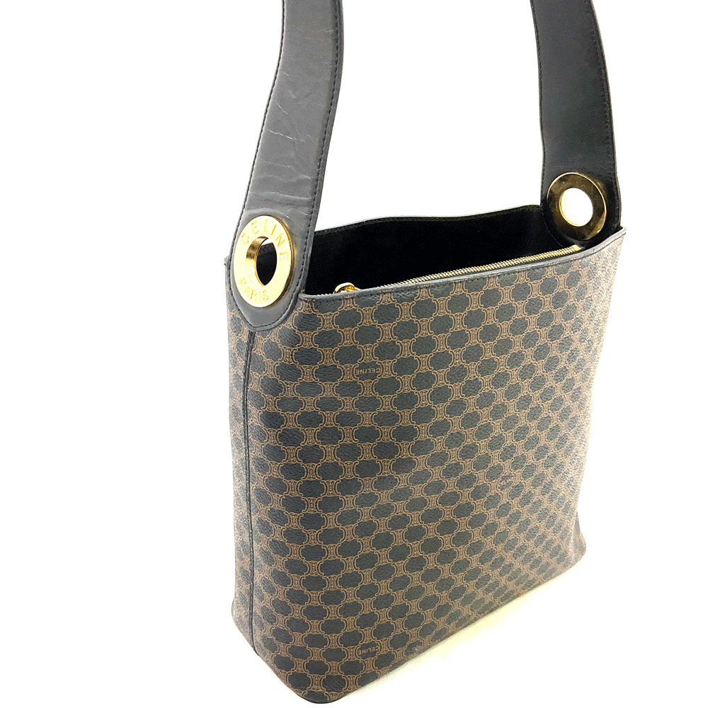 N【中古】【CELINE】セリーヌ　ワンョルダーバッグ　マカダム柄　ブラック×ブラウン×ゴールド金具　PVC×レザー　ブランドバッグ　ヴィンテージバッグ　レディースバッグ　お出掛けバッグ　質屋かんてい局那須塩原店★R2500480