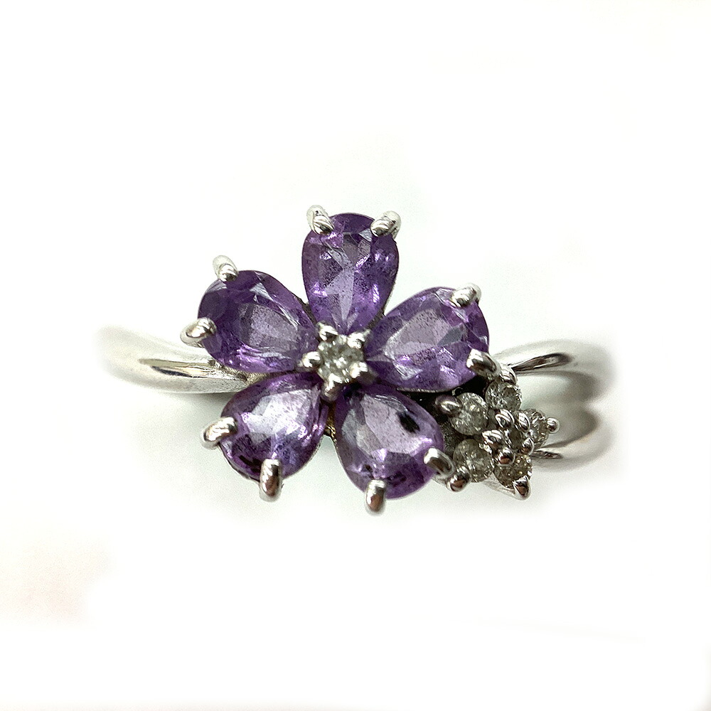 K　色石リング　花モチーフ　（パープル系）　K18WG　ホワイトゴールド　0.06ct　送料込　約12号　約3.2ｇ　ジュエリー　アクセサリー　指輪　女性　レディース　お買い得　中古　質屋かんてい局　鹿沼店　P2501108k