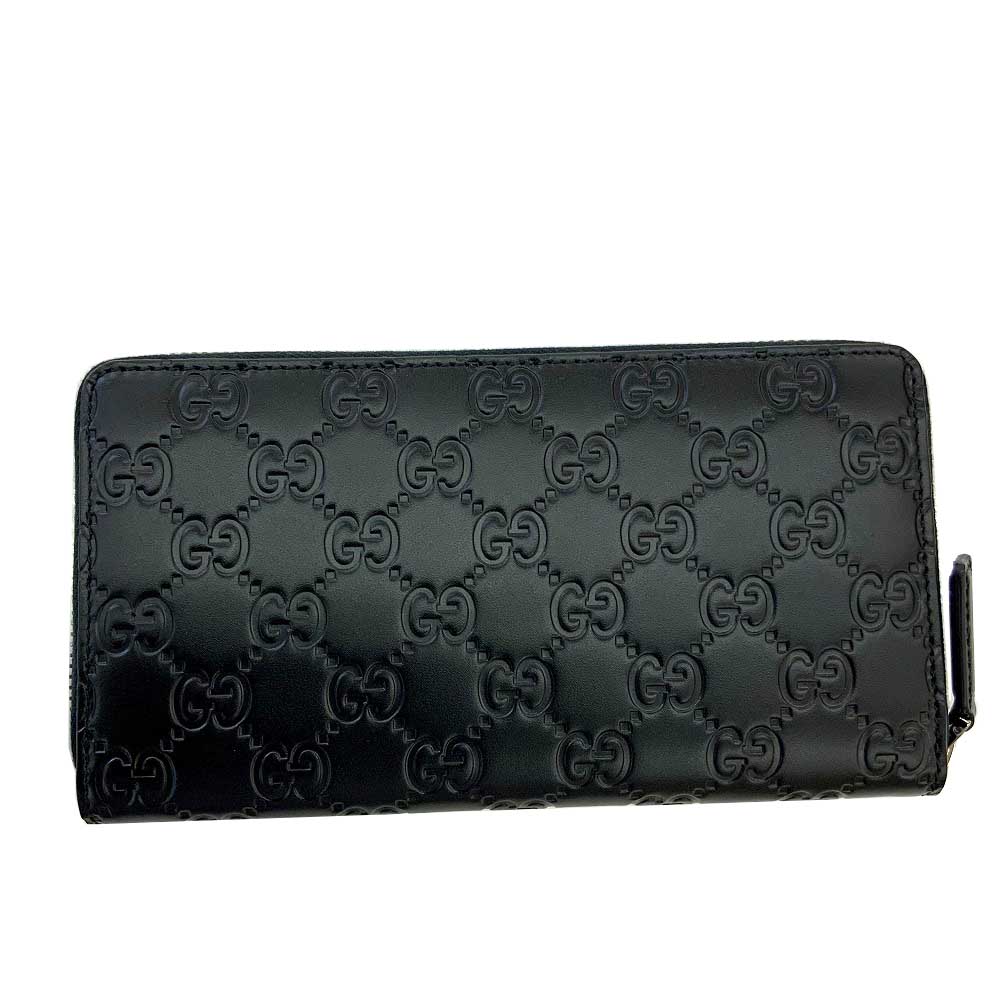 ✨極美品✨グッチ　二つ折り　ラウンドファスナー シマレザー　ブラック　レザー 極美品】GUCCI レザー シマ 二つ折り財布 GG総柄 型押し ブラック
