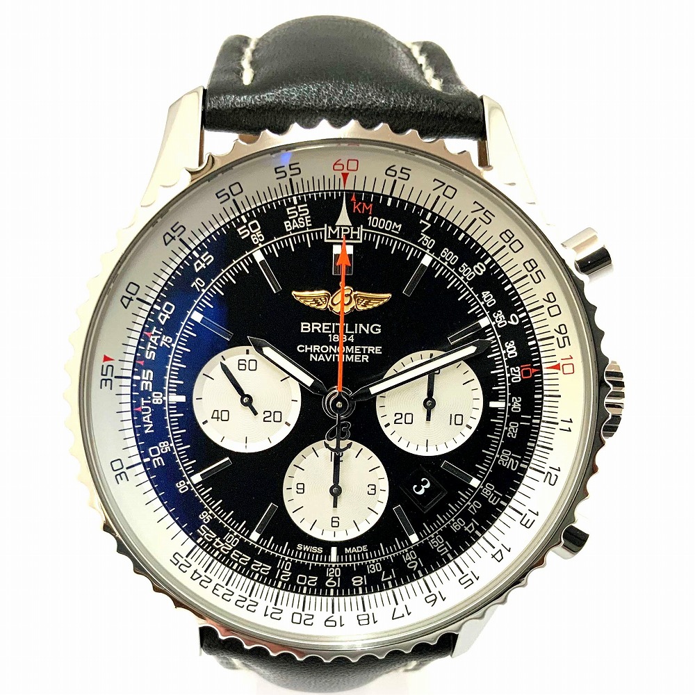 o【BREITLING】ナビタイマー01 AB012721/BD09 　ブラック文字盤　自動巻き　クロノグラフ メンズ 　腕時計　日付 革ベルト　　パイロットウォッチ　【ブライトリング】　【質屋かんてい局小山店】31000129318-3o-h