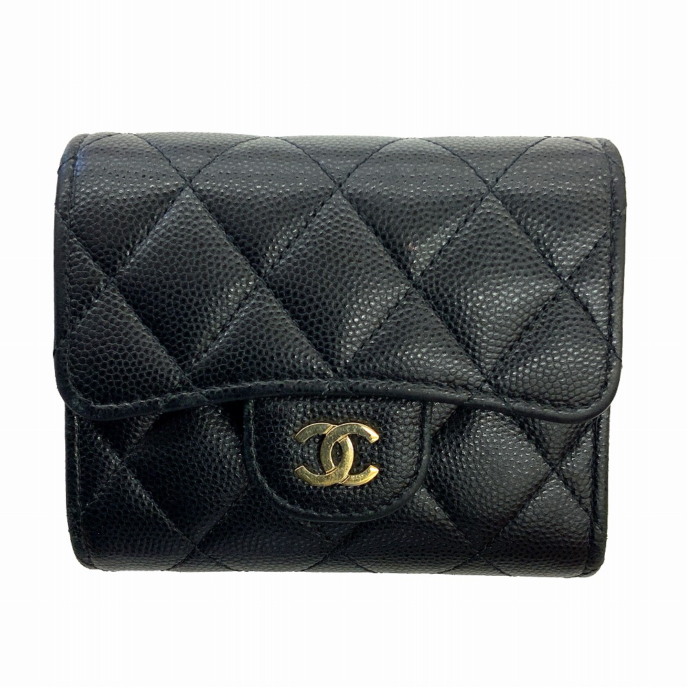 O【CHANEL】シャネル 三つ折り財布 スモールフラップウォレット AP0229 キャビアスキン ブラック コンパクト財布 ミニ財布 人気　ココマーク 女性 レディース ゴールド 【シャネル】【質屋かんてい局小山店】T25-3155o-s