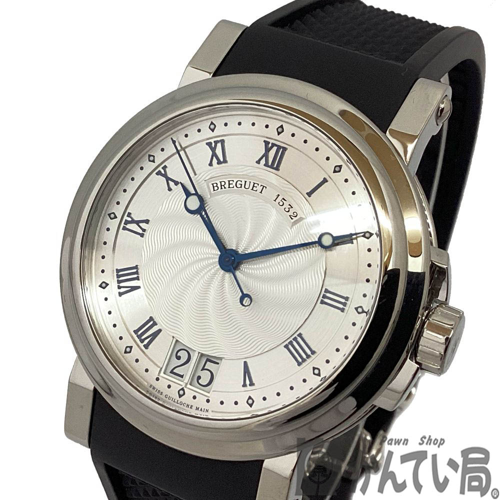 T【BREGUET】マリーンラージデイト　5817ST125V8　自動巻 　ステンレス　ラバーベルト　シルバー文字盤　コンプリートサービス済　ギャラ有　デイト表示　100m防水　メンズ腕時計　高級感　ラグジュアリー　中古【ブレゲ】【質屋かんてい局宇都宮戸祭店】S2501753t-h