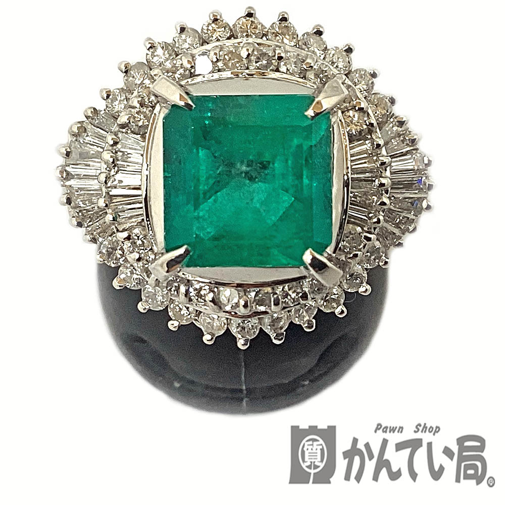 T【Pt900】エメラルドリング 　プラチナ　5月誕生石　天然石　グリーン　E3.02ct　D1.25ct　総重量約12.1g　約22号　アクセサリー　指輪　鑑別書　磨き仕上げ済　 中古【質屋かんてい局宇都宮戸祭店】31031739317-197t-k