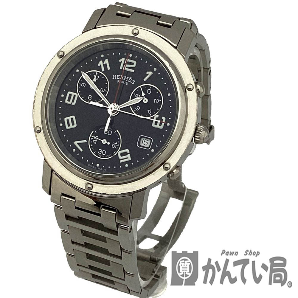 T【HERMES】クリッパー CL1.910 クロノグラフ クオーツ ステンレス ブラック文字盤 製造年約1990年後半～2000年前半 定番人気 時計 本品のみ【エルメス】【大特価価格】【かんてい局宇都宮戸祭店】31000109317-1t-f