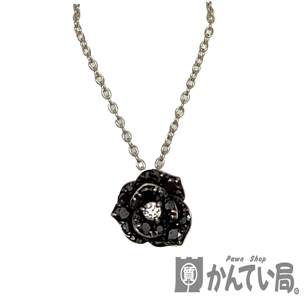 T【K18WG】デザインネックレス 　ホワイトゴールド　ダイヤ　4月誕生石　花　ブラック　総重量3.8ｇ　最長約45cm　オシャレ　女性　レディース　中古【ゴールド】【質屋かんてい局宇都宮戸祭店】31032029317-22t-f