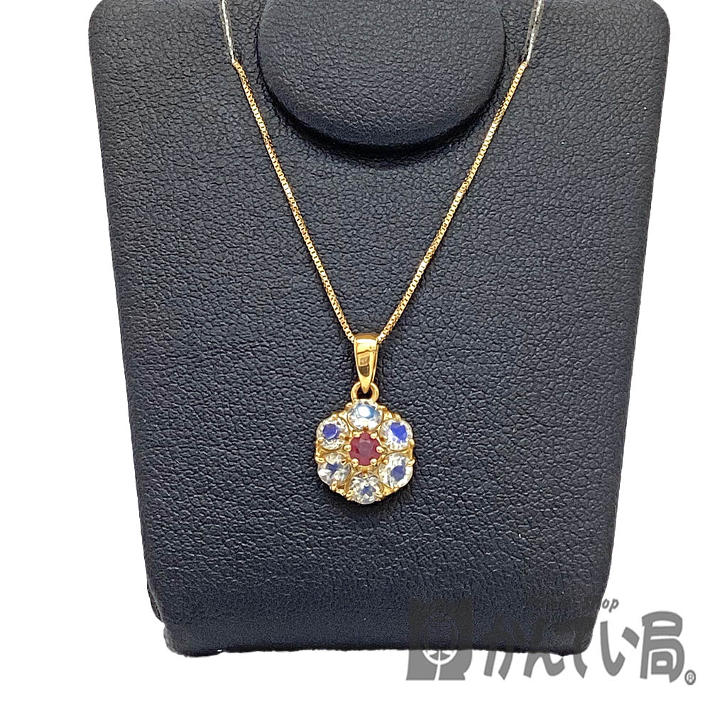 T【中古】【K18】色石デザインネックレス　石目不明　フラワーモチーフ　ゴールド　レディース　約40cm　総重量約1.8g　本体のみ　アクセサリー　ジュエリー　ネックレス　華やか　【かんてい局宇都宮戸祭店】31031949317-229t-f