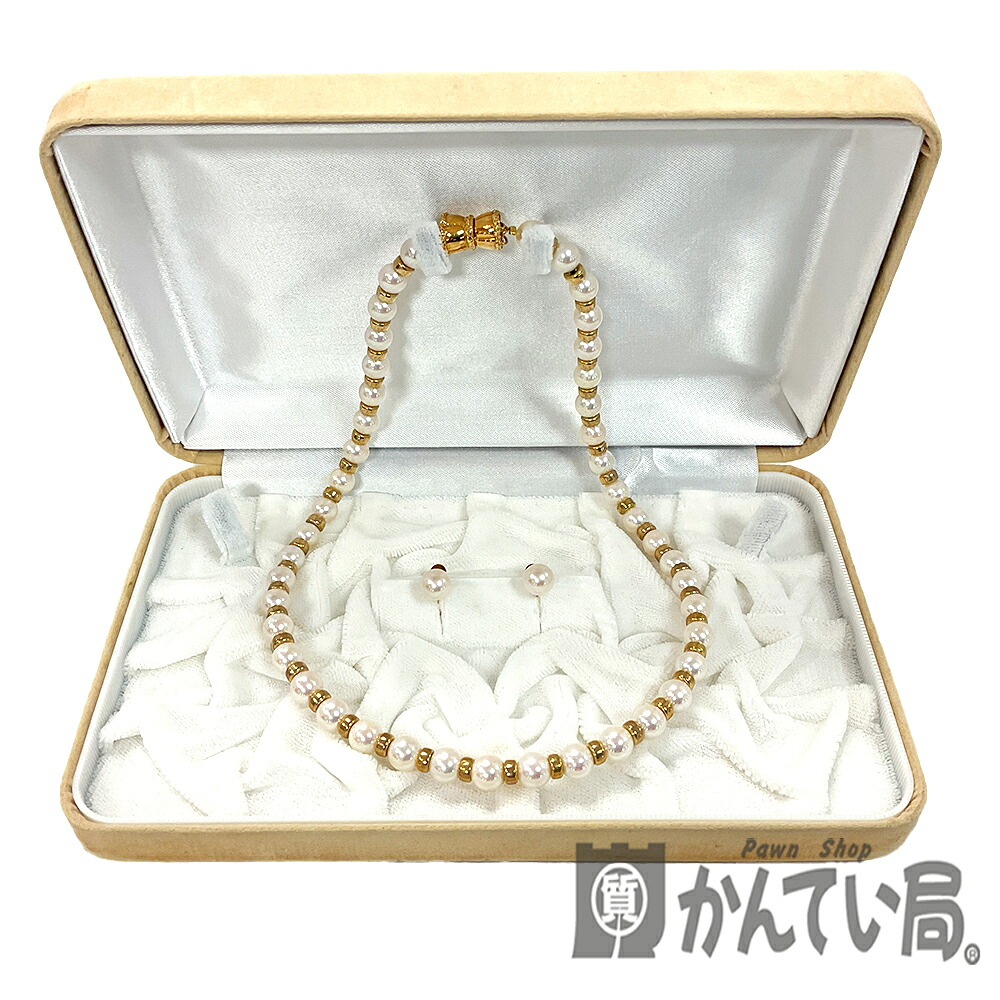 U【中古】K18 パールネックレス・イヤリングセット 約7mm珠 約43cm 箱 ネックレス お祝い プレゼント【大特価価格】【かんてい局宇都宮店】Q25-3914u-r|かんてい局栃木 店