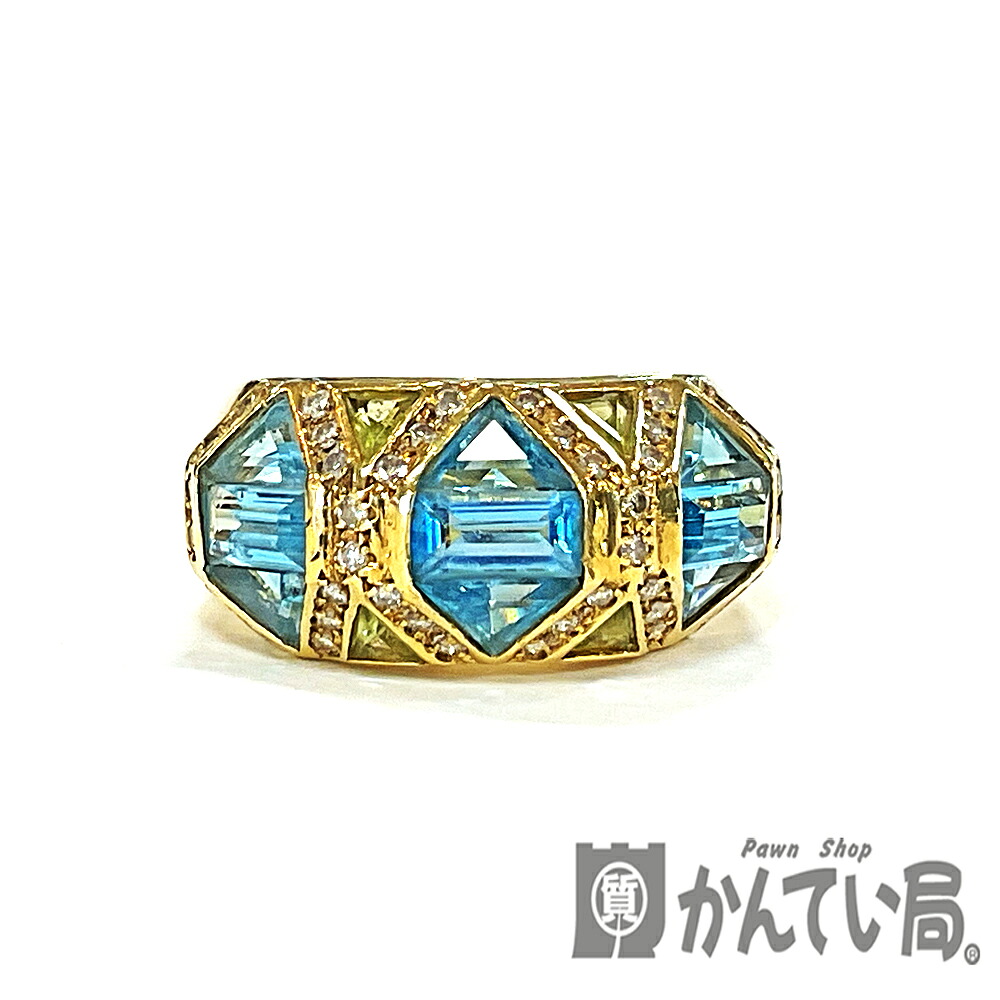 U【中古】【K18】 ブルートパーズリング　約12号　K18　ゴールド　金　指輪　約10.0ｇ　BT2.99ct　PE0.27ct　D0.27ct　現状販売　デザインリング【大特価価格】【かんてい局宇都宮店】Q24-1414u-r