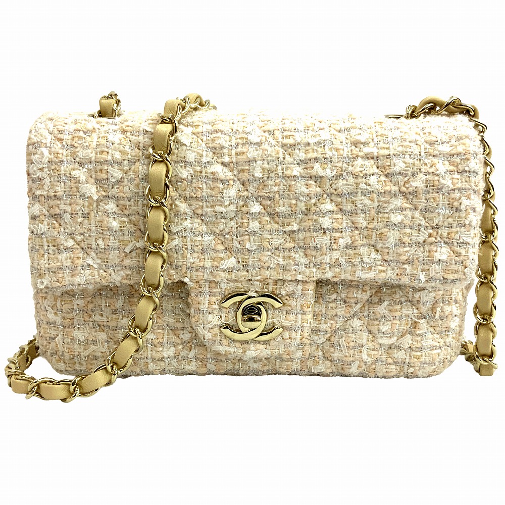 o 【CHANEL】A69900-B22358-U3540 ミニクラシックハンドバッグ 2025/26年秋冬コレクション チェーンショルダーバッグ ツイード ベージュ&ホワイト ゴールド金具 白 小さめバッグ 可愛い 箱 布袋【中古】 送料無料【かんてい局小山店】T26-399o-m