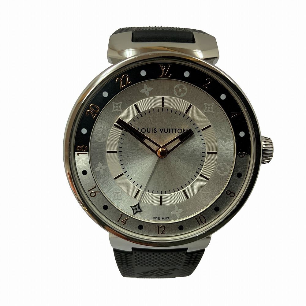 O【LOUIS VUITTON】【ルイヴィトン】タンブールムーンデュアルタイム QA105 石英 GMT 時辰儀 SS 天然ゴム三尺帯 ｼﾙﾊﾞｰ系  成人男性 メンズ お上さん レディース ユニ一発やる 男女 【中古】【一六銀行かんてい局小山店】T26-418o-h