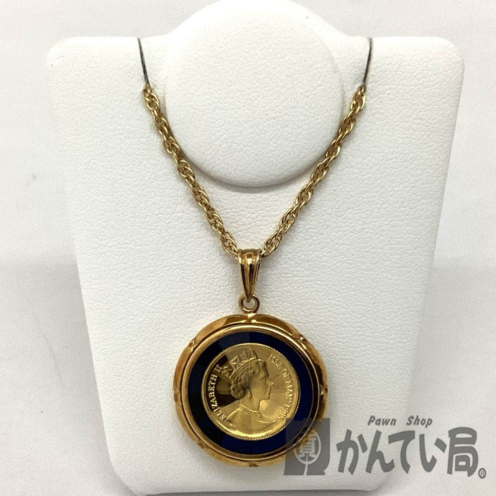 T【K24】【チェーン･枠K18】【ゴールド】1/25ozマン島キャット金貨付きネックレス　キャットコイン　総重量約10.4g(ガラス含む)　ゴールド　枠･チェーンK18　K24　金貨　ペンダントトップ　アクセサリー　中古　本品のみ【大特価価格】【かんてい局宇都宮戸祭店】S2501895t