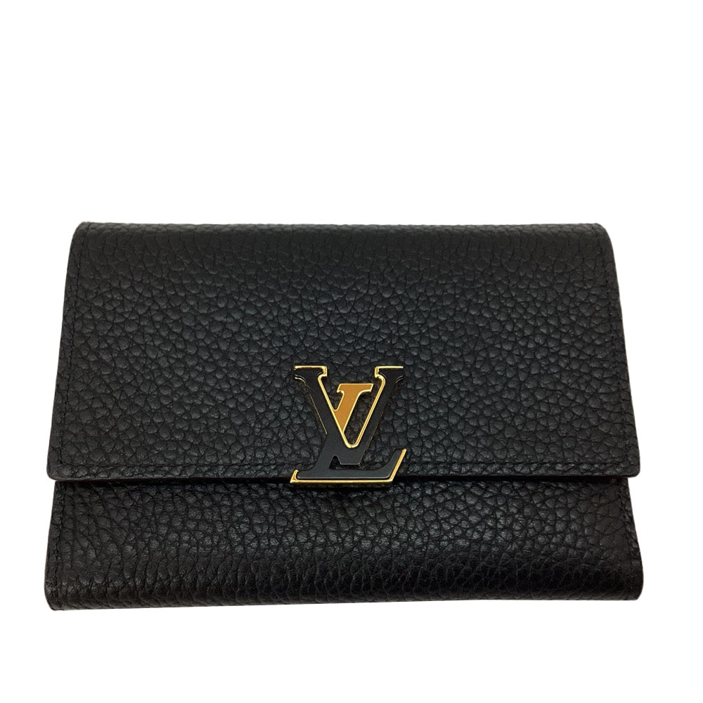 T【LOUIS VUITTON】【ルイ ヴィトン】ポルトフォイユ・カプシーヌ・コンパクト  M62157 RFID ノワール トリヨンレザー 黒いこと 熱っぽいさくら色 ゴールド金具 三つ折り金入れ レディース 定番 一般受け  箱有 布袋有 中古【一六銀行かんてい局宇都宮戸祭店】S2600548t-h