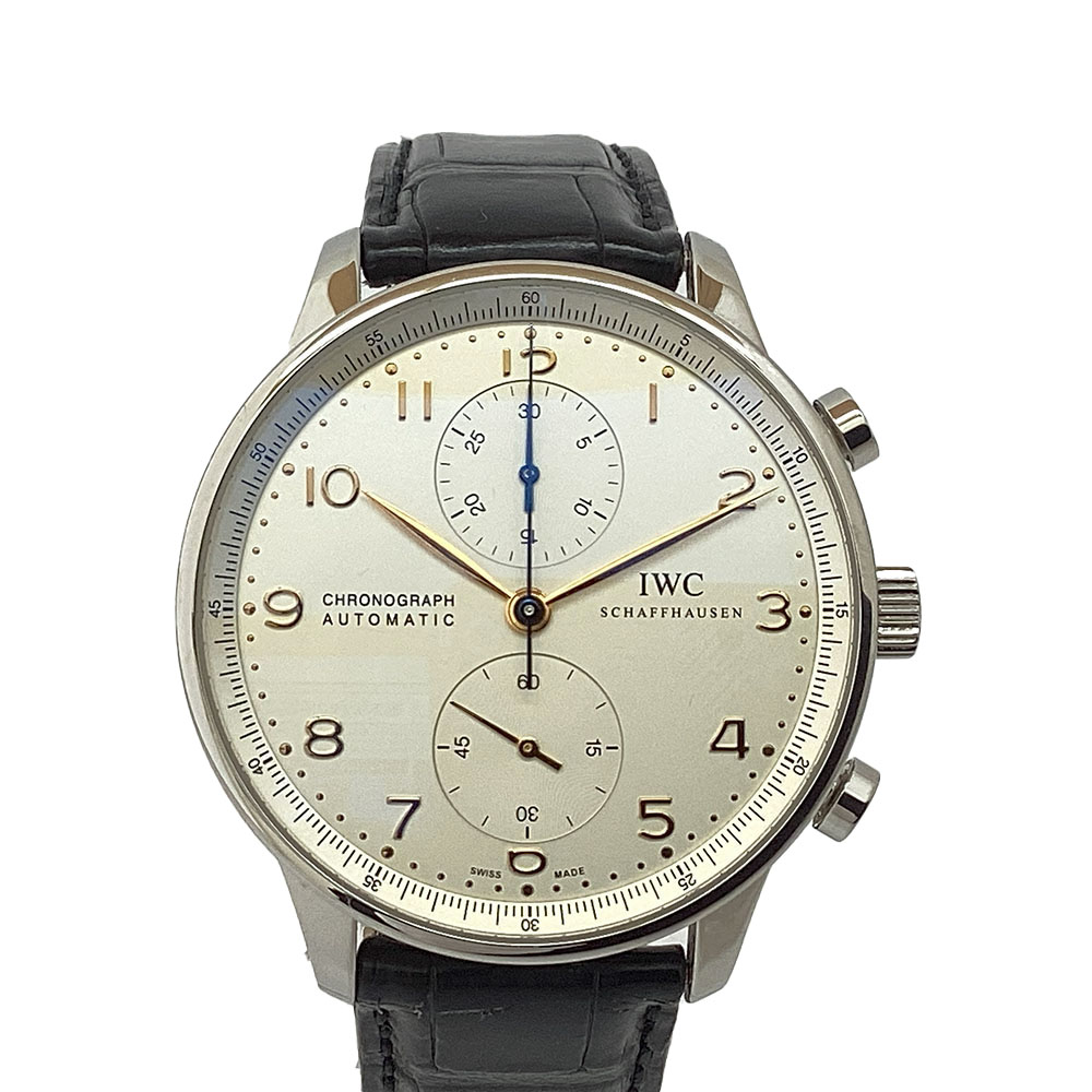 T【IWC】ポルトギーゼクロノグラフ IW371445 自動巻 ステンレス シルバー文字盤 ケース径約41mm ゴールドインデックス 現状販売 ギャラ有 クロノグラフ 30m防水 メンズ高級腕時計 中古【アイダブリューシー】【質屋かんてい局宇都宮戸祭店】S2502857t-h|かんてい局栃木 店