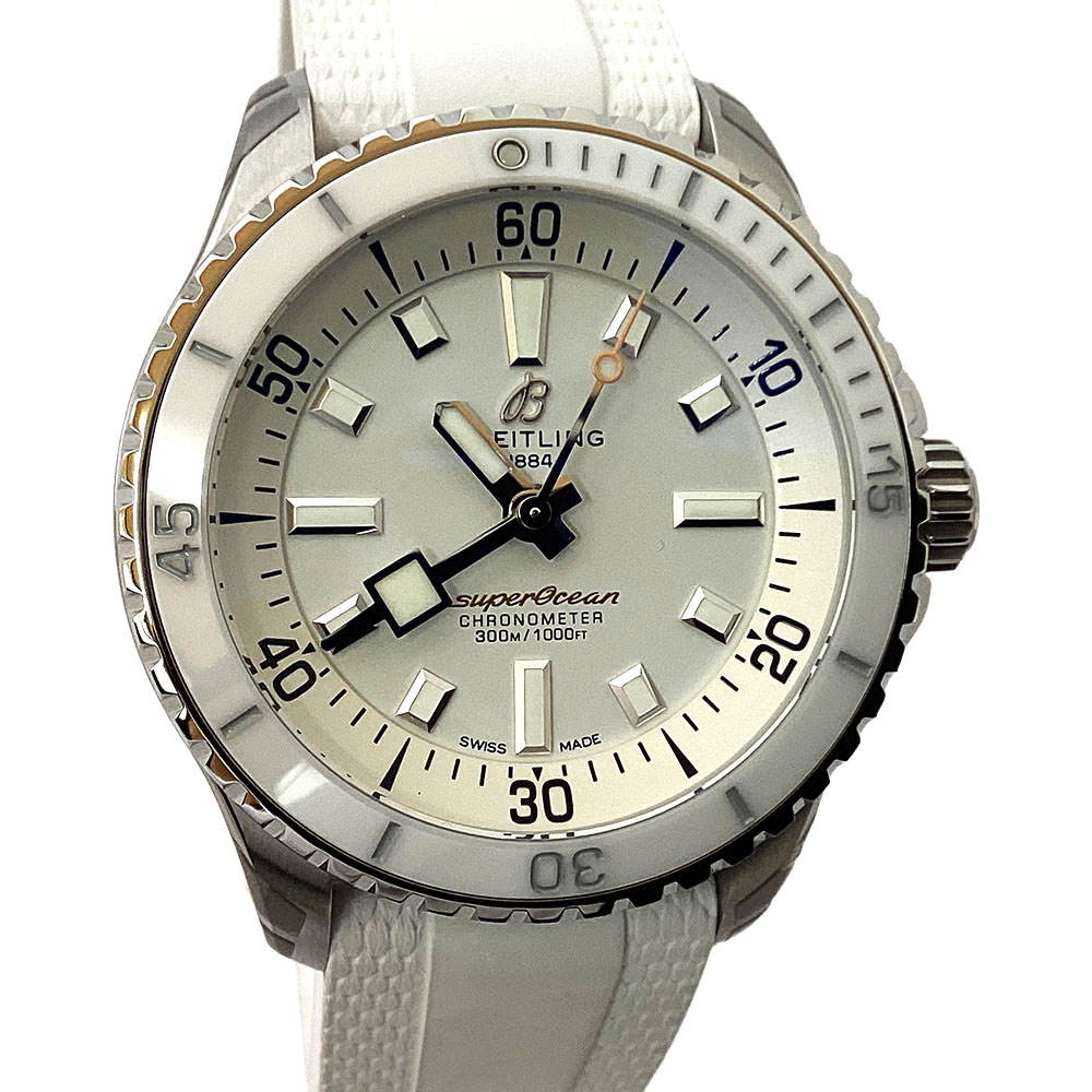 T【BREITLING】スーパーオーシャンオートマチック36　A17377　ホワイト文字盤 　ステンレス　セラミックベゼル　ラバーベルト　300m防水　ダイバーズウオッチ　タイミング調整済　ギャラ有　人気　中古　美品【ブライトリング】【質屋かんてい局宇都宮戸祭店】S2601608t-r｜かんてい局栃木 店