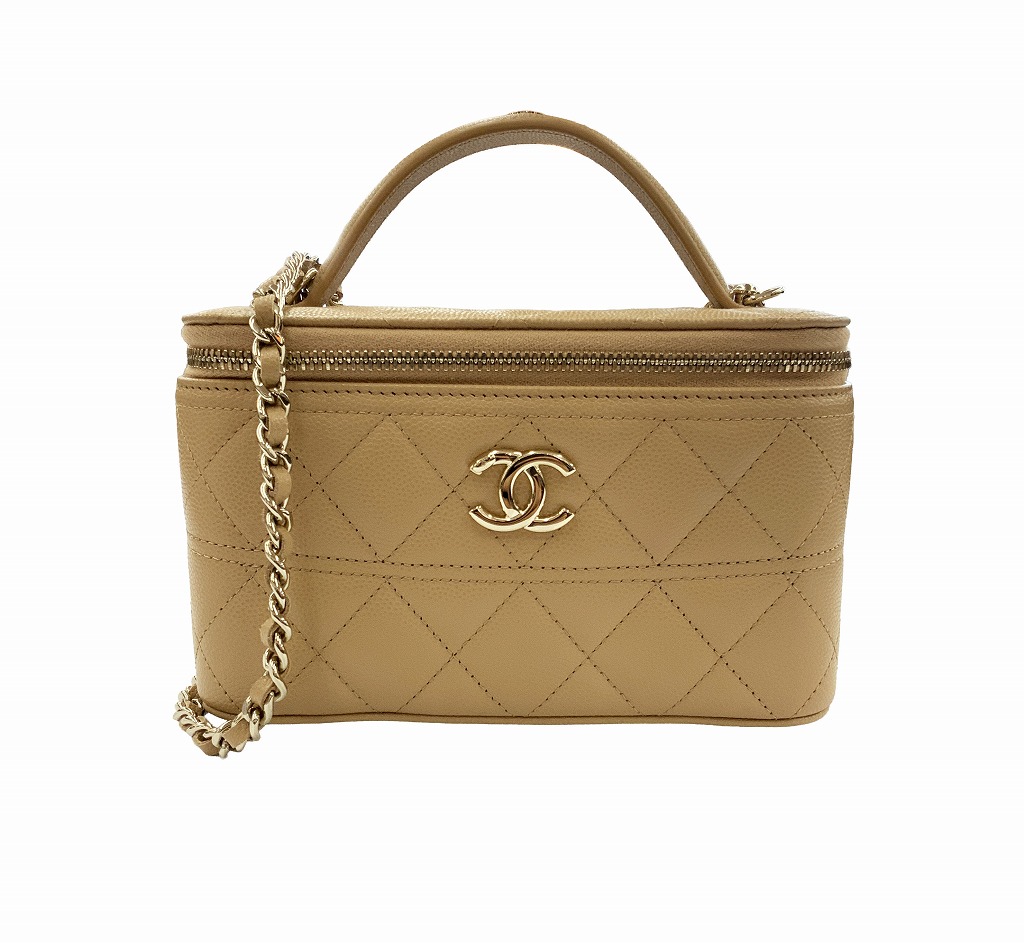 o 【CHANEL】　ヴァニティバッグ　AP4407　チェーンショルダー　マトラッセ　キャビアスキン　ベージュ　ゴールド金具　小さめバッグ 　可愛い　箱　布袋　【中古】 送料無料【かんてい局小山店】T26-433o-hk｜かんてい局栃木 店