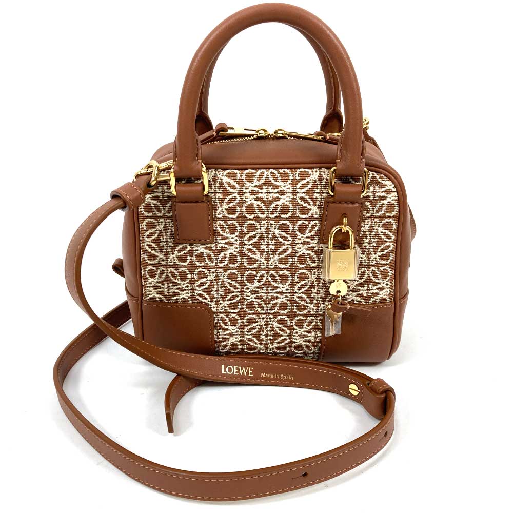 N【中古】【LOEWE】ロエベ　アマソナ16　A039N21X03　ブラウン×ゴールドカラー金具　カーフスキン　ジャガード　スクエア型　トートバッグ　ブランドバッグ　普段使い　お出掛け　送料無料　特別価格　那須塩原店★3100935-2n
